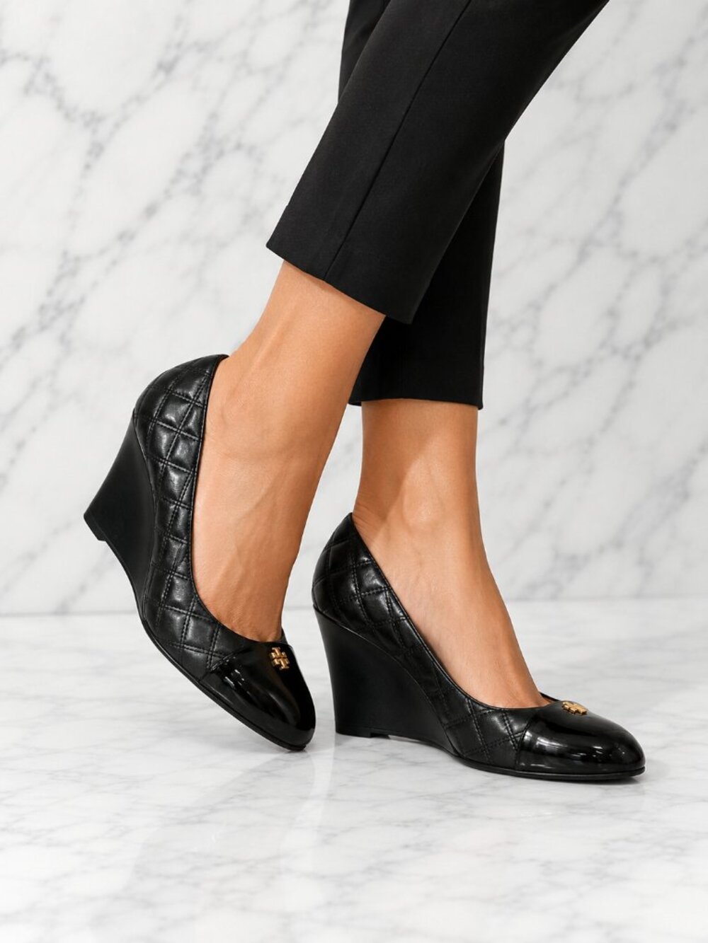 Tory Burch Claremont Black Quilted Luxe Leather Cap Toe Wedge Pumps 7